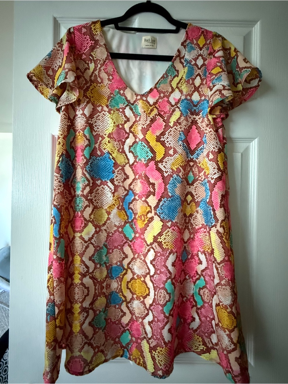 Peach Love California Multicolor Snake-Print Dress with Teal & Pink Accents